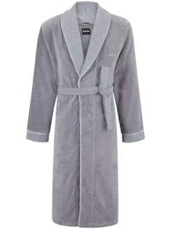 Peignoir gris en coton texturé avec un logo brodé ton sur ton