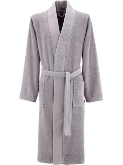 Peignoir gris en 100% coton uni coupe régular avec un col châle