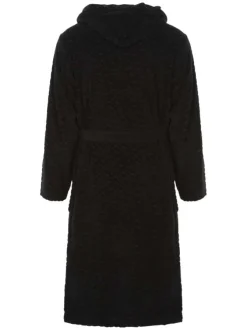 Peignoir long en coton mélangé noir uni avec une coupe fermée et un col à capuche