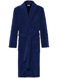Peignoir marine uni coupe portefeuille avec un col cranté et des poches avants latérales