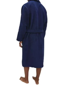 Peignoir marine uni coupe portefeuille avec un col cranté et des poches avants latérales