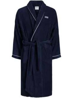 Peignoir marine uni en coton avec une coupe droite et une ceinture