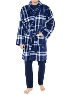 Peignoir marine vichy coupe large avec un col cache-coeur et des liens plats à la taille