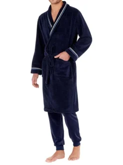 Peignoir Transat en coton marine à col kimono avec liseré blanc et bleu au col et aux extrémités des manches