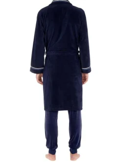 Peignoir Transat en coton marine à col kimono avec liseré blanc et bleu au col et aux extrémités des manches