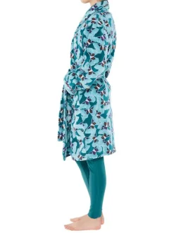 Peignoir vert imprimé coupe large avec un col cache-coeur et un liseré rose aux extrémités