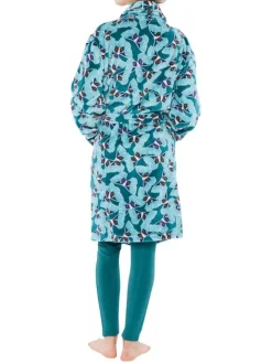 Peignoir vert imprimé coupe large avec un col cache-coeur et un liseré rose aux extrémités