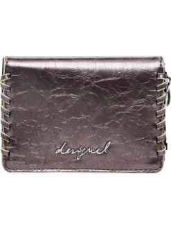 Petit porte-monnaie gris métallisé fermé par un zip et tressé sur les bords