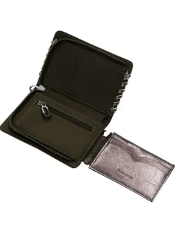 Petit porte-monnaie gris métallisé fermé par un zip et tressé sur les bords
