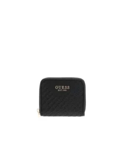 Petit porte-monnaie noir uni tressé fermé par un zip avec le nom de la marque