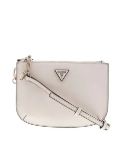 Petit sac à bandoulière écru uni avec un aspect grainé et deux poches zippées