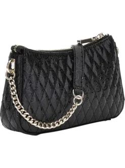 Petit sac à bandoulière noir matelassé à imprimé monogrammes vernis