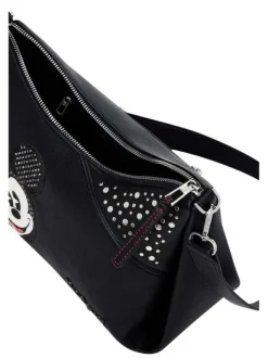 Petit sac porté épaule noir à strass et clous avec un patch Mickey à l'avant