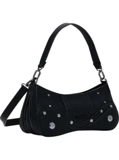 Petit sac porté épaule noir uni avec des détails brodés et des clous métalliques