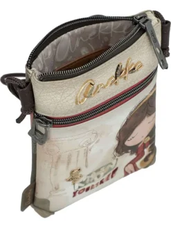 Pochette beige avec des imprimés et bandoulière en cordon tressé