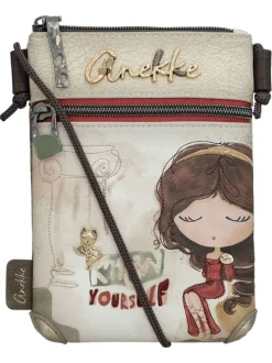 Pochette beige avec des imprimés et bandoulière en cordon tressé