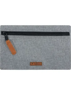 Pochette gris clair unie avec fermeture zippée noire et patch de la marque