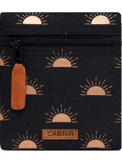 Pochette noire ornée d'un motif soleil avec une fermeture zippée