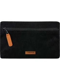 Pochette noire unie avec zip noir en velours côtelé et patch marron
