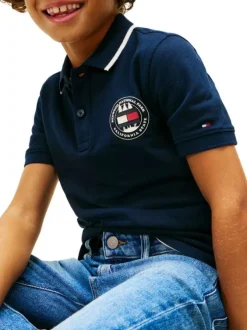 Polo en coton marine à coupe droite pourvu d'un col à revers boutonné