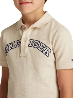 Polo en coton régénératif beige à imprimé, coupe droite et col polo