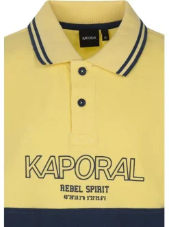 Polo jaune et marine bicolore avec nom de la marque floqué à la poitrine