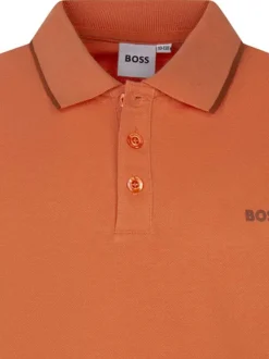 Polo orange uni à coupe droite, col polo avec liseré brun et à manches courtes