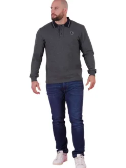 Polo anthracite uni avec une coupe droite un col à revers et des manches longues
