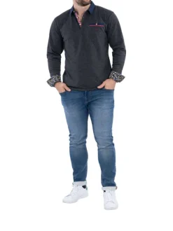 Polo anthracite uni coupe droite à col boutonné avec poche et logo brodé et manches longues
