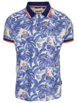 Polo blanc en coton maille piquée avec imprimé feuilles tropicales all-over coupe droite