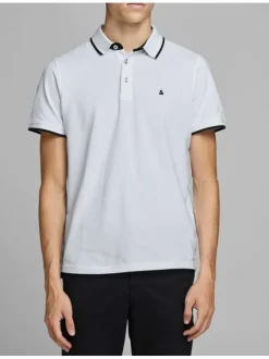 Polo blanc uni en coton avec une coupe droite avec liseré noir sur le col et les manches