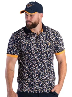 Polo bleu marine avec un imprimé fleuri à coupe droite et col boutonné