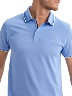Polo bleu uni pourvu de manches courtes et d'un col boutonné