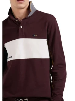 Polo bordeaux uni à coupe droite, col boutonné et à manches longues