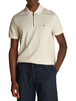 Polo en better coton initiative beige uni à coupe droite et à col zippé