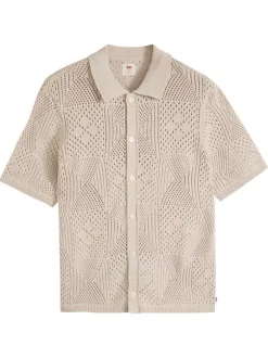 Polo en coton beige à coupe droite pourvu d'un col à revers côtelé