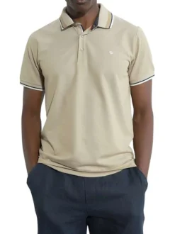 Polo en coton beige en maille piquée à coupe droite avec un col à revers