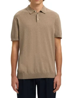 Polo en coton beige uni avec une coupe droite et un col boutonné