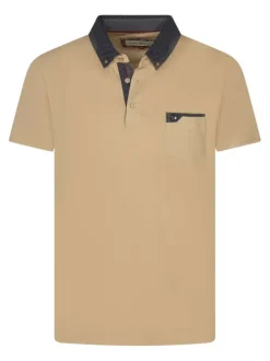 Polo en coton beige uni à coupe regular fit et à col américain avec une poche