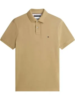 Polo en coton biologique beige à coupe droite pourvu d'un col à revers