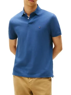 Polo en coton biologique bleu à coupe ajustée pourvu d'un col boutonné