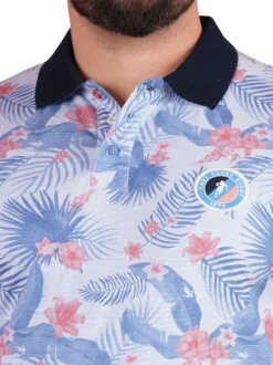 Polo en coton biologique bleu tropical pourvu d'un col boutonné