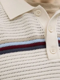 Polo en coton biologique écru à coupe droite orné d'un motif à rayures