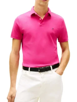 Polo en coton biologique fuchsia à coupe droite pourvu d'un col à revers