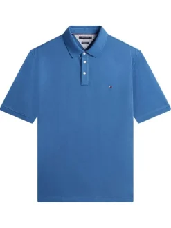 Polo en coton biologique indigo uni avec une coupe droite et un col boutonné
