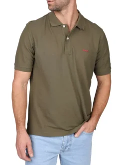 Polo en coton biologique kaki uni avec une coupe droite et un col à revers