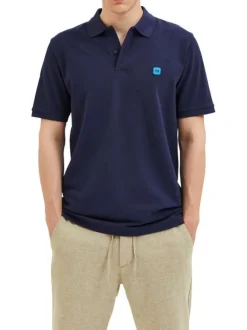 Polo en coton biologique maille piquée marine à coupe droite et col boutonné