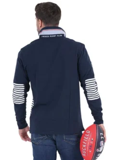 Polo en coton biologique marine rayé avec un col à revers et une coupe droite