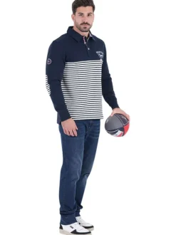 Polo en coton biologique marine rayé avec un col à revers et une coupe droite