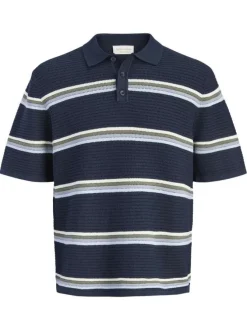 Polo en coton biologique marine à rayures avec une coupe droite